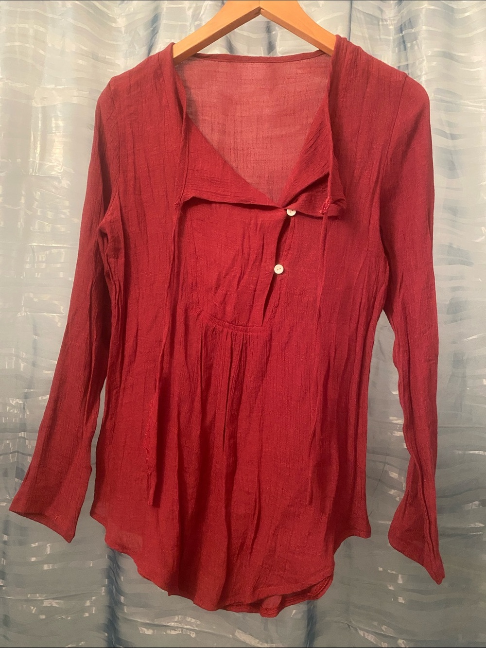 Women’s Long Sleeve Red Tunic Top Button Detail Blouse